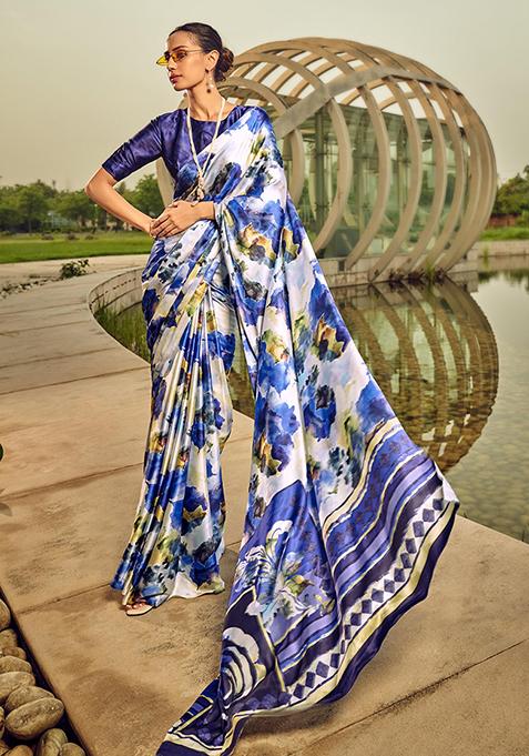 White And Blue Digital Print Satin Saree Set