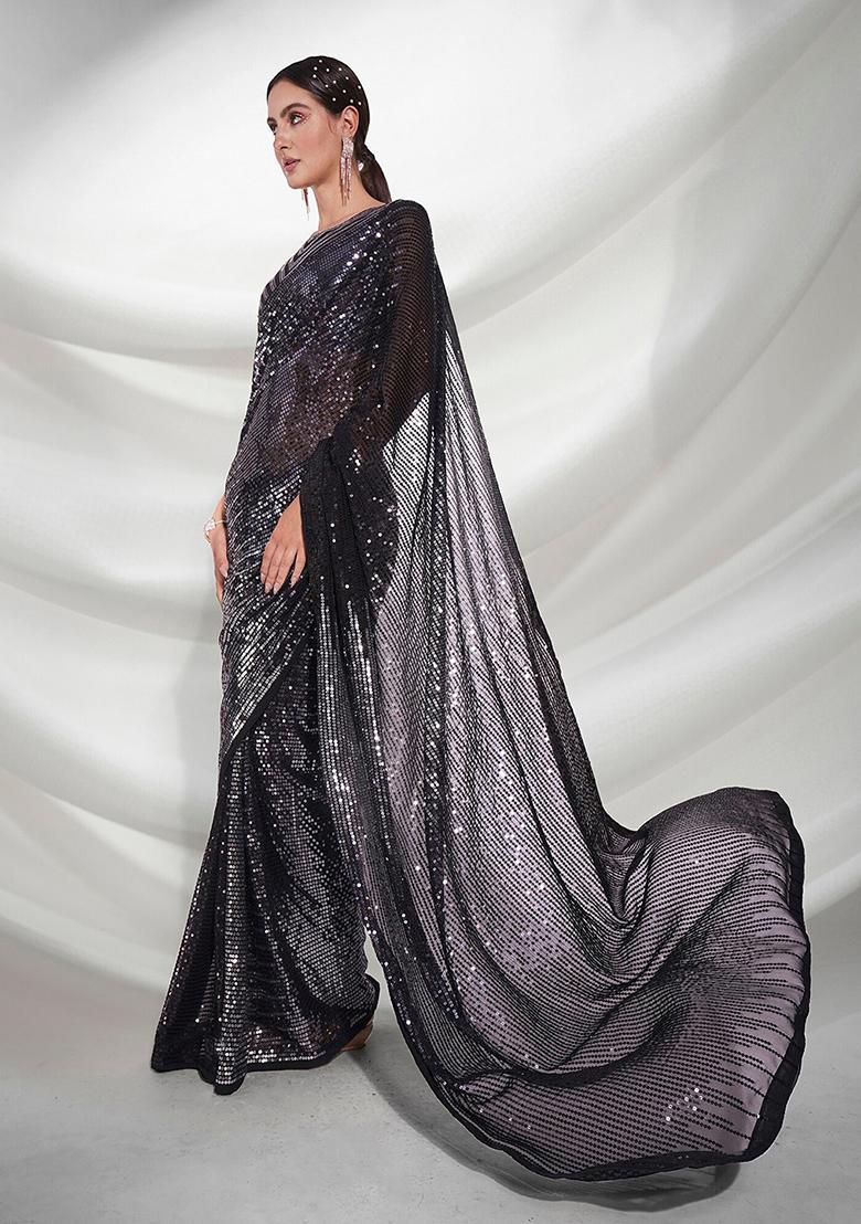 Black Sequin Embellished Pure Georgette Saree Set