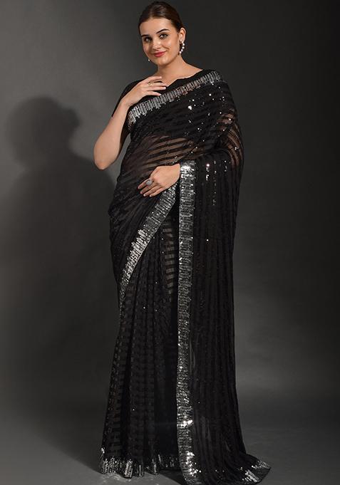 Black Sequin Embellished Pure Georgette Saree Set