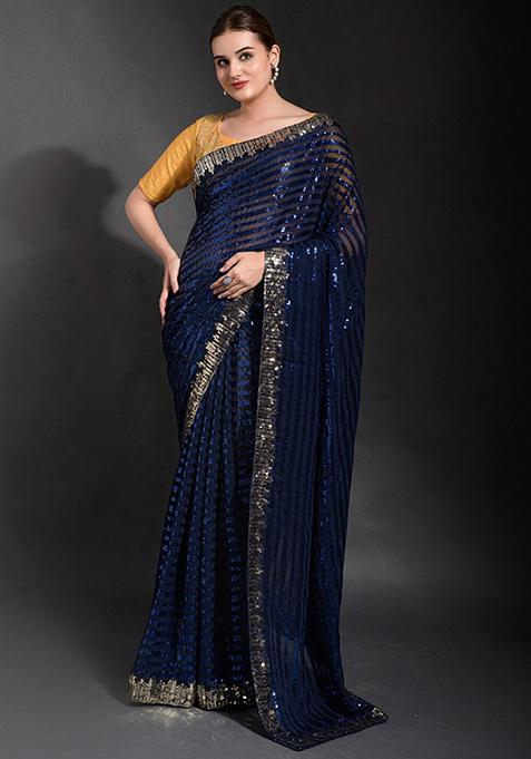 Navy Blue Sequin Embellished Pure Georgette Saree Set