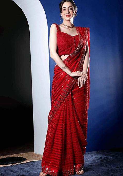 Red Sequin Embellished Pure Georgette Saree Set