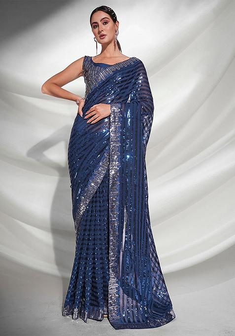 Teal Blue Sequin Embellished Pure Georgette Saree Set