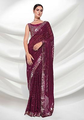 Wine Sequin Embellished Pure Georgette Saree Set