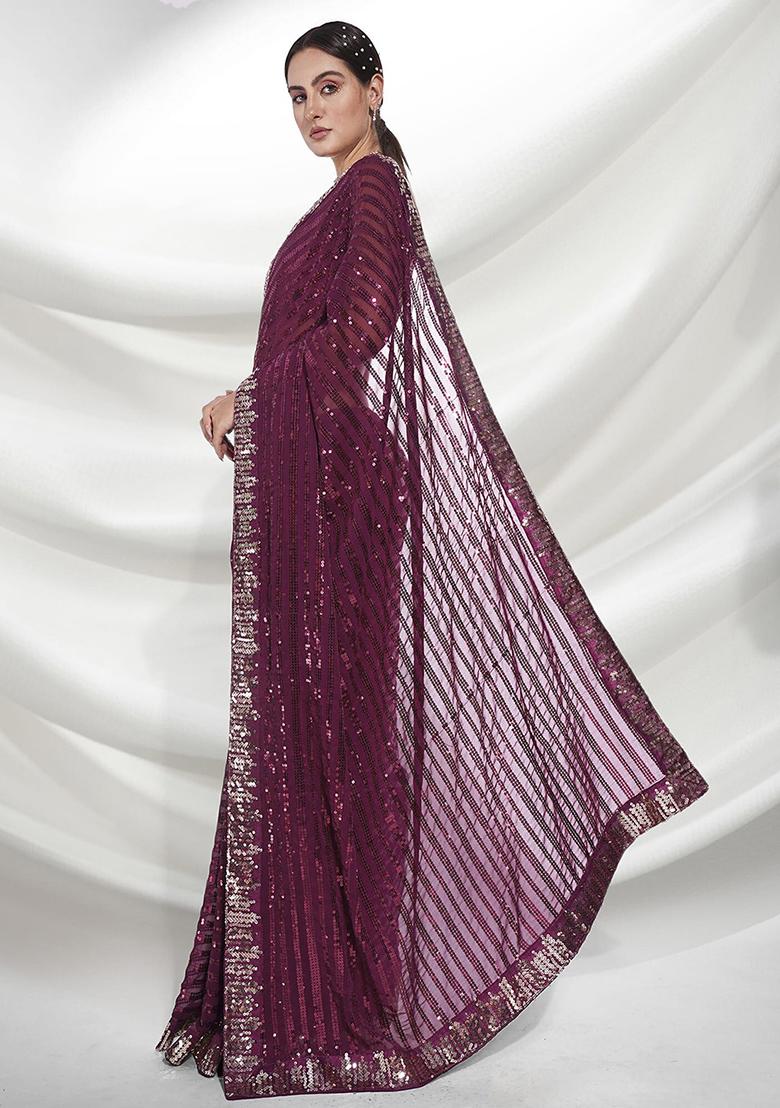 Wine Sequin Embellished Pure Georgette Saree Set