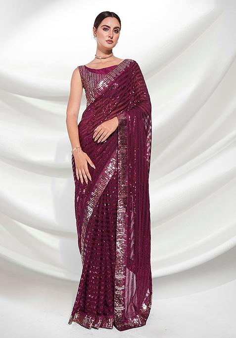 Wine Sequin Embellished Pure Georgette Saree Set