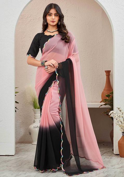 Black Sequin Embroidered Pure Georgette Saree Set