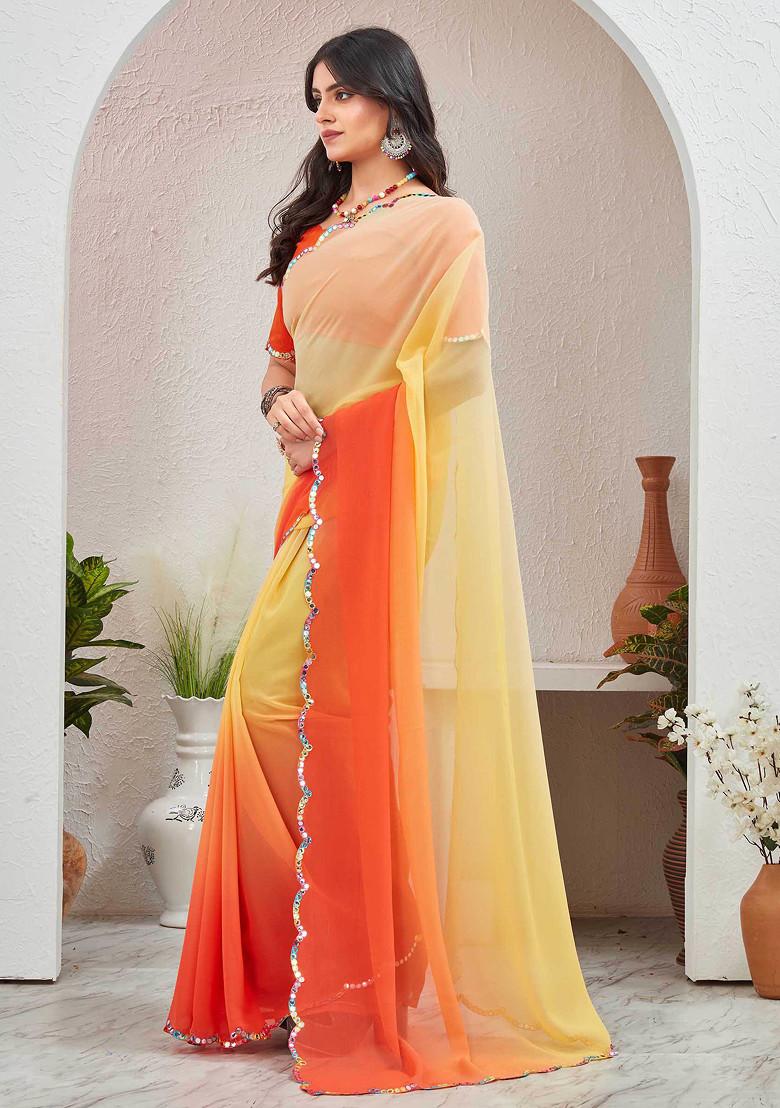 Orange Sequin Embroidered Pure Georgette Saree Set