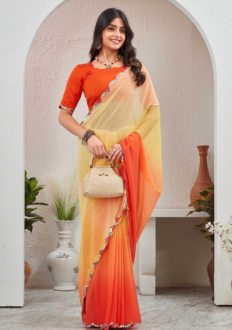 Orange Sequin Embroidered Pure Georgette Saree Set