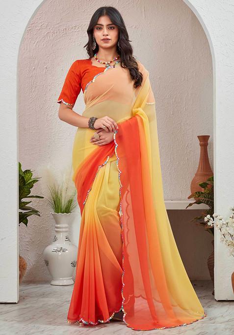 Orange Sequin Embroidered Pure Georgette Saree Set