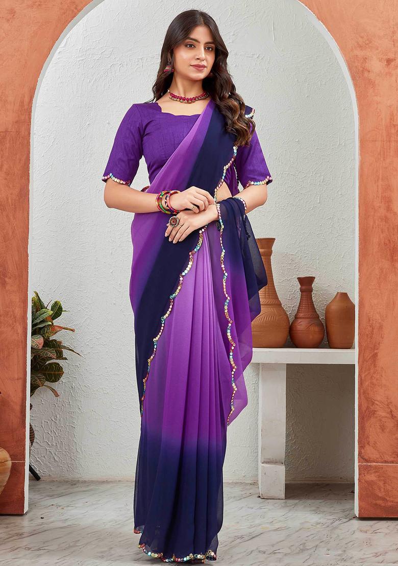 Purple Sequin Embroidered Pure Georgette Saree Set