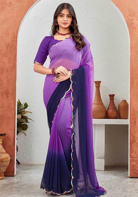 Purple Sequin Embroidered Pure Georgette Saree Set