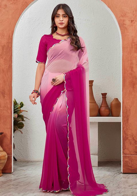 Rani Pink Sequin Embroidered Pure Georgette Saree Set