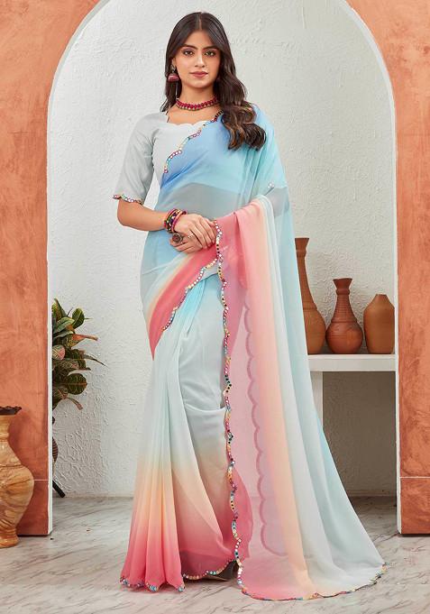 Sky Blue Sequin Embroidered Pure Georgette Saree Set