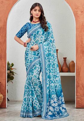 Blue Mirror Work Pure Chiffon Saree Set