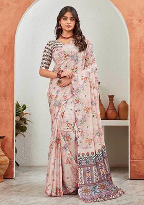 Cream Mirror Work Pure Chiffon Saree Set