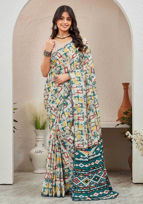 Green Mirror Work Pure Chiffon Saree Set