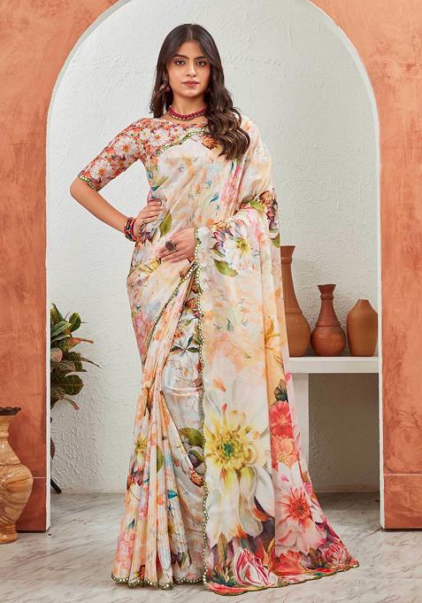 Multi Colour Mirror Work Pure Chiffon Saree Set