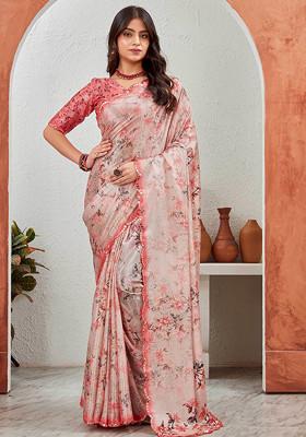 Peach Mirror Work Pure Chiffon Saree Set