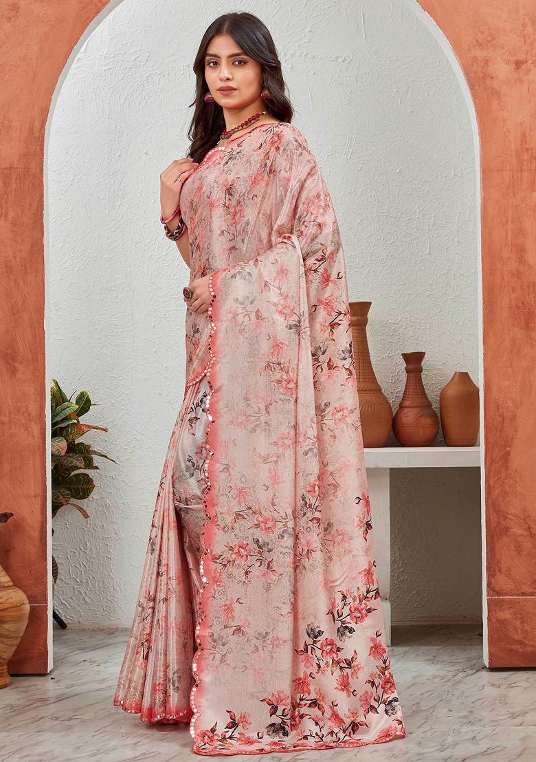 Peach Mirror Work Pure Chiffon Saree Set