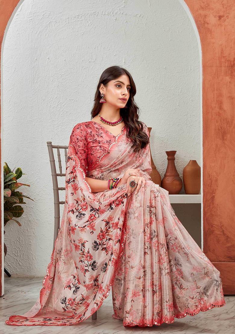 Peach Mirror Work Pure Chiffon Saree Set