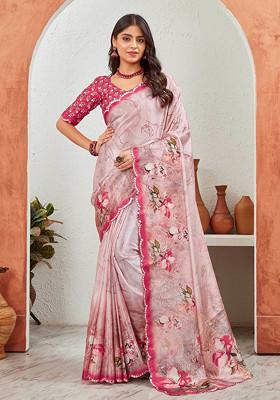 Pink Mirror Work Pure Chiffon Saree Set