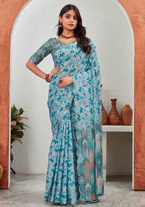 Sky Blue Mirror Work Pure Chiffon Saree Set