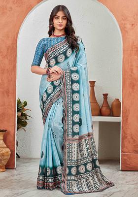 Sky Blue Circle Mirror Work Pure Chiffon Saree Set