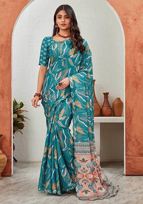 Teal Blue Mirror Work Pure Chiffon Saree Set