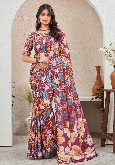 Wine Mirror Work Pure Chiffon Saree Set