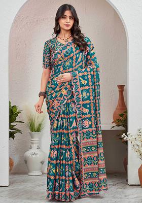 Blue Mirror Work Pure Chiffon Saree Set