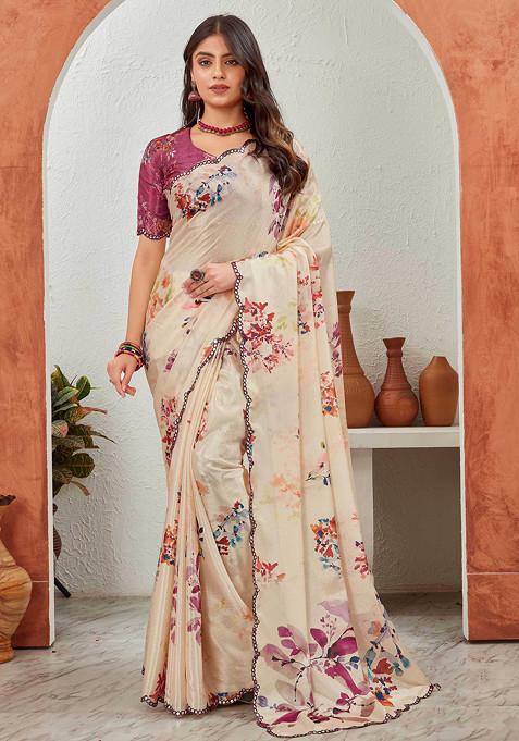 Cream Mirror Work Pure Chiffon Saree Set