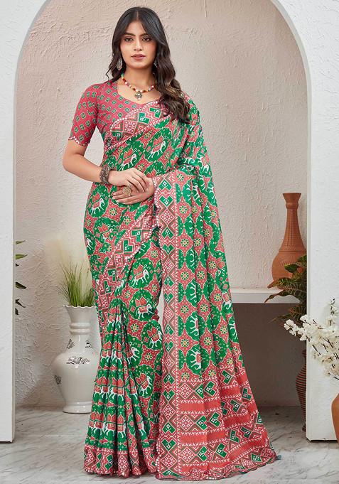 Green Mirror Work Pure Chiffon Saree Set