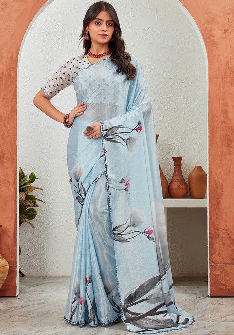 Light Blue Mirror Work Pure Chiffon Saree Set