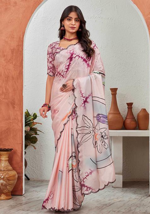 Peach Mirror Work Pure Chiffon Saree Set