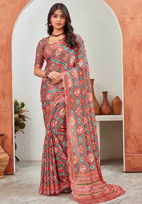 Pink Mirror Work Pure Chiffon Saree Set