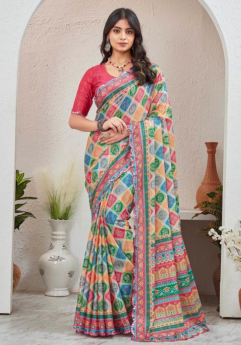 Rani Pink Mirror Work Pure Chiffon Saree Set