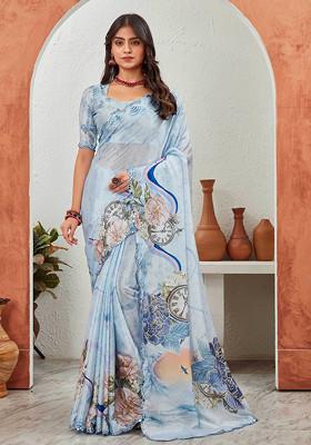 Sky Blue Mirror Work Pure Chiffon Saree Set