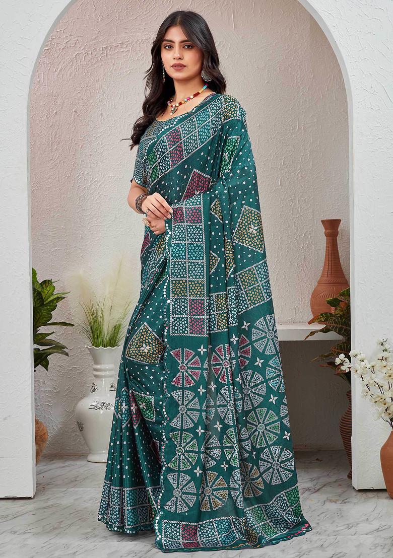 Teal Blue Mirror Work Pure Chiffon Saree Set
