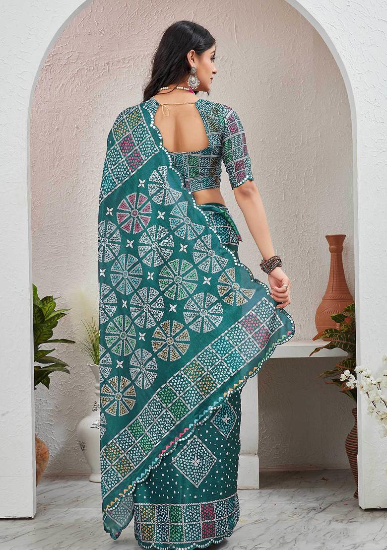 Teal Blue Mirror Work Pure Chiffon Saree Set