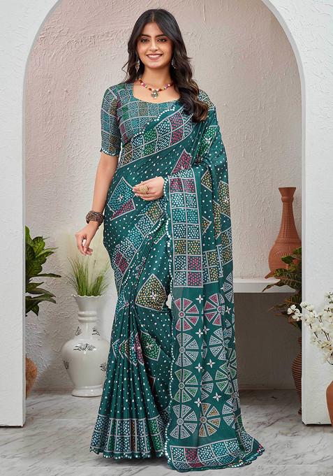 Teal Blue Mirror Work Pure Chiffon Saree Set