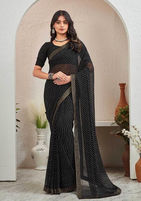 Black Leheriya Printed Pure Georgette Saree Set