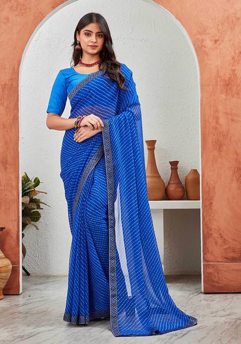 Blue Leheriya Printed Pure Georgette Saree Set