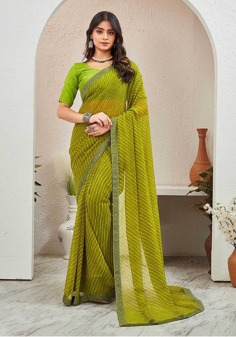 Mehendi Green Leheriya Printed Pure Georgette Saree Set