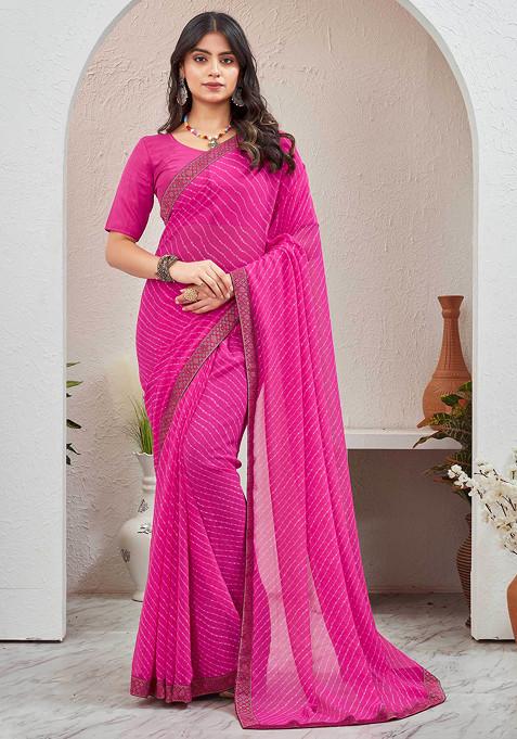 Pink Leheriya Printed Pure Georgette Saree Set