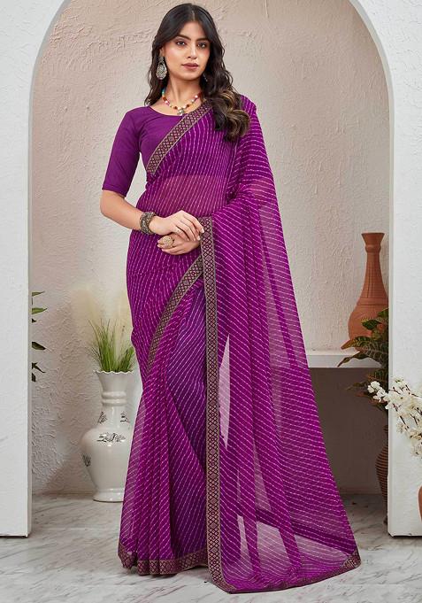 Purple Leheriya Printed Pure Georgette Saree Set