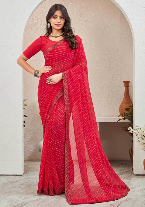 Red Leheriya Printed Pure Georgette Saree Set