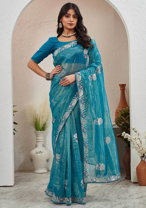 Blue Embroidered Organza Saree Set