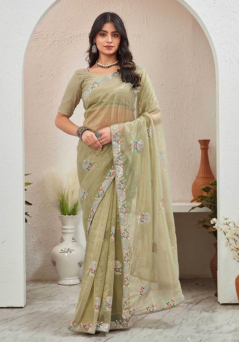 Olive Green Embroidered Organza Saree Set