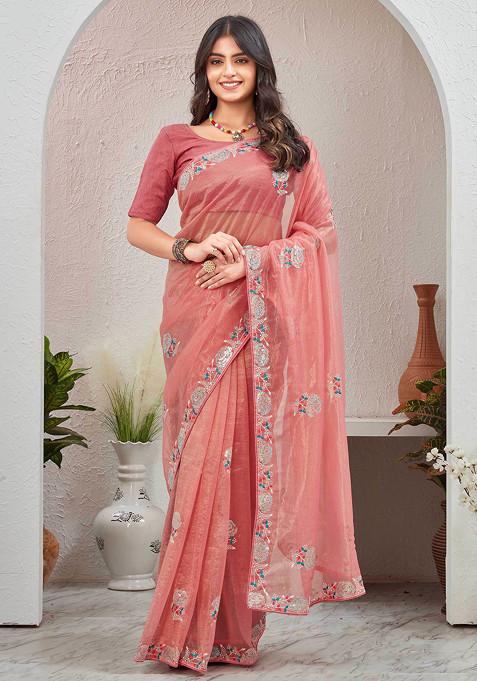 Pink Embroidered Organza Saree Set