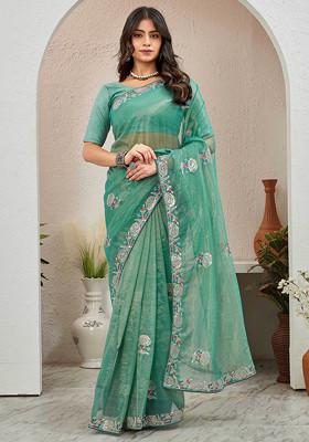 Sea Green Embroidered Organza Saree Set